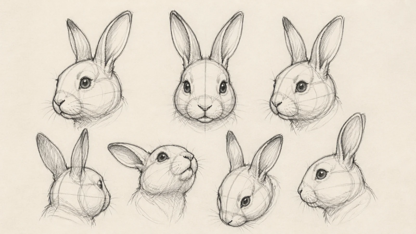 A sketchbook page of multiple rabbit head studies