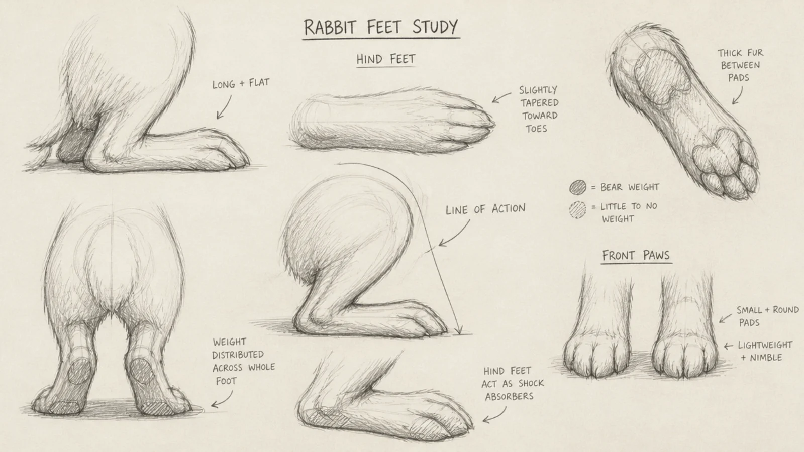 A sketch study of rabbit feet and paws