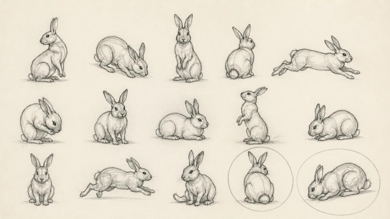 A page of small rabbit pose thumbnails