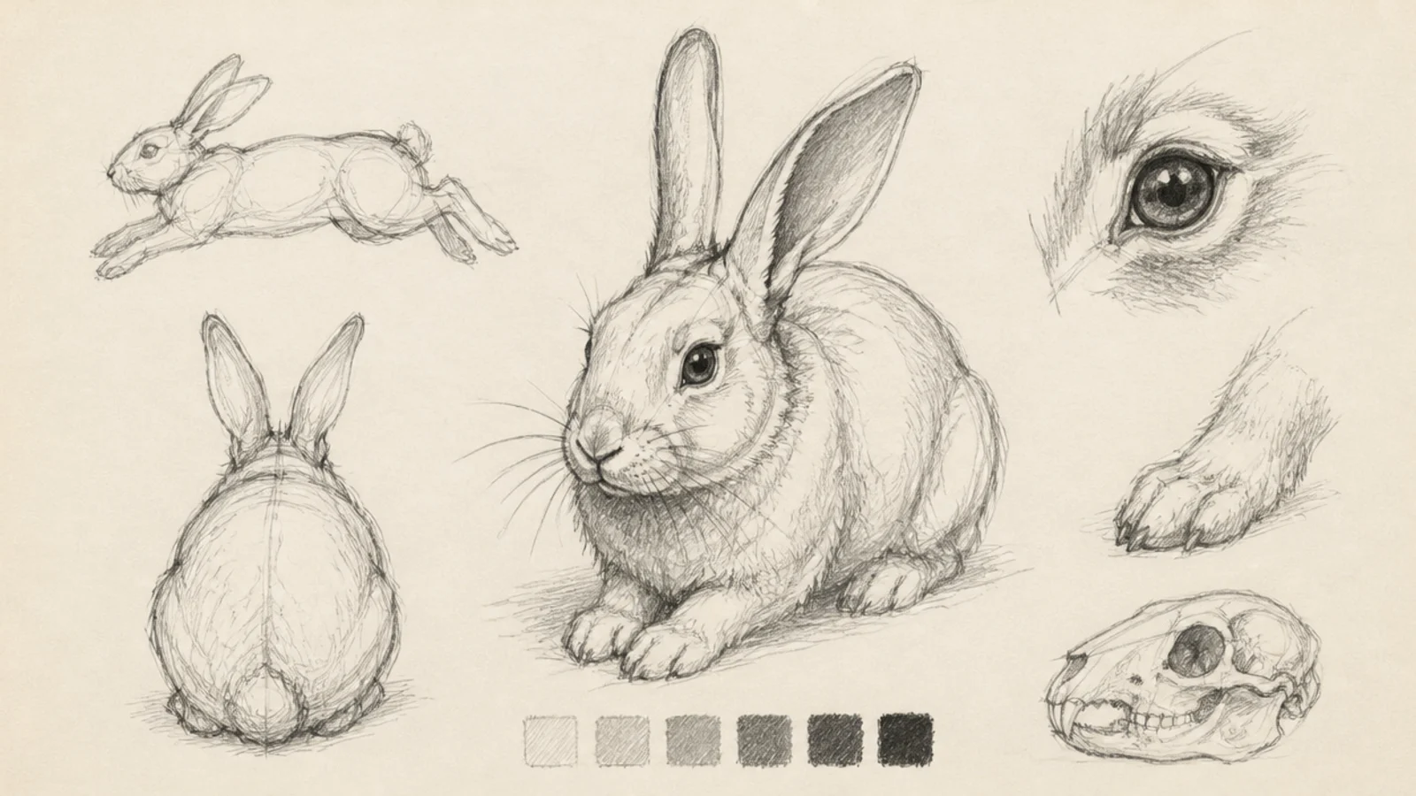 A sketchbook page mixing several rabbit studies