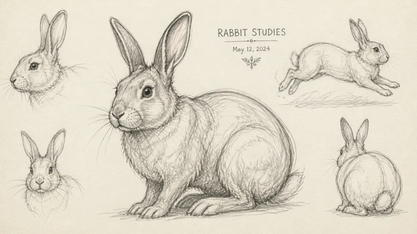 A composed sketchbook spread of rabbit sketches