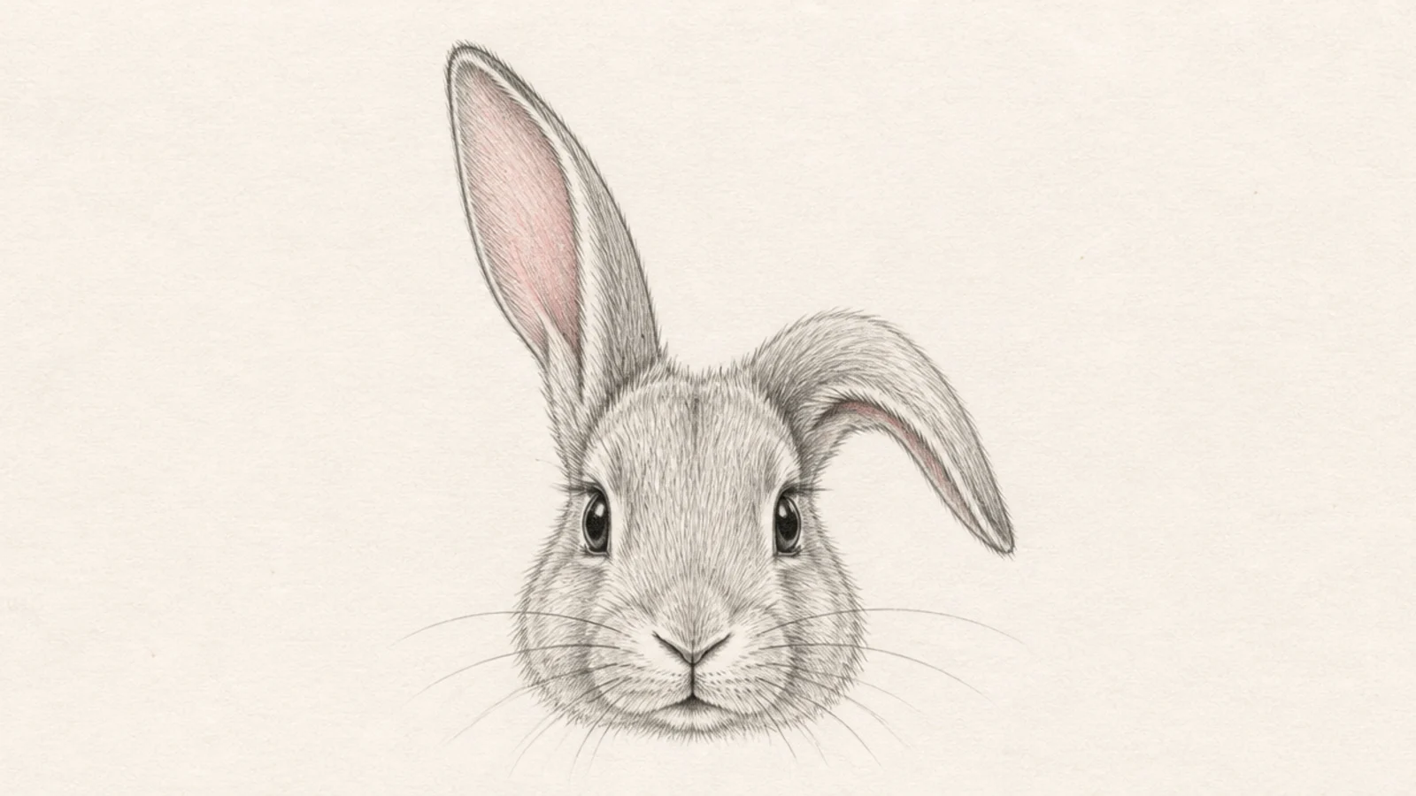 A rabbit with one ear standing up and one flopping down