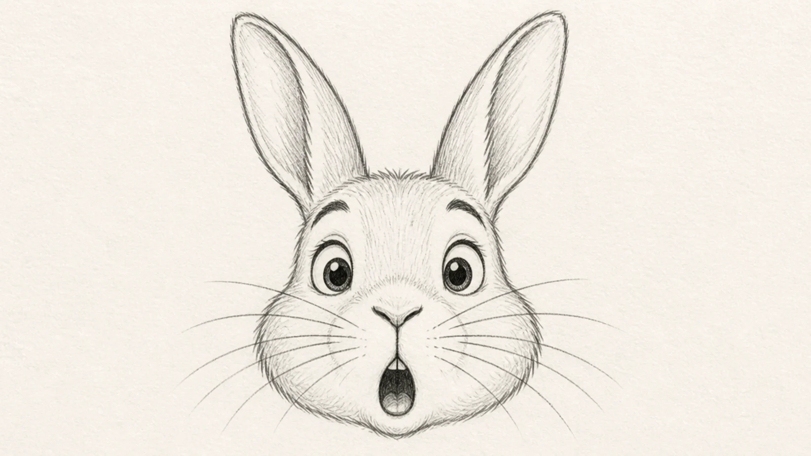 A rabbit face with wide eyes and a small open mouth