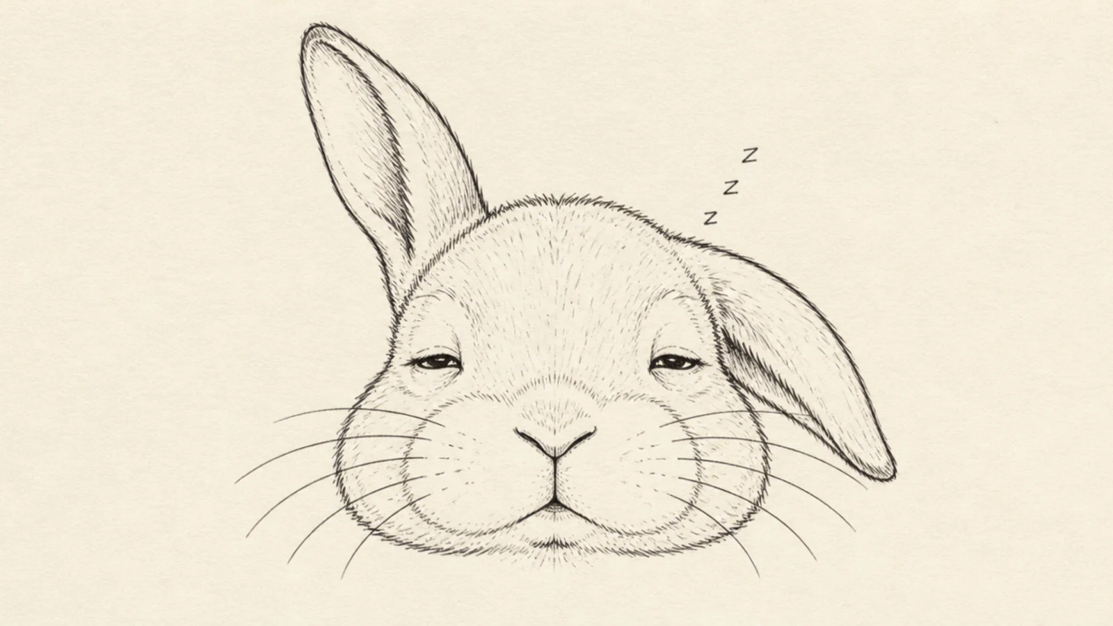 A rabbit face with half-closed sleepy eyes