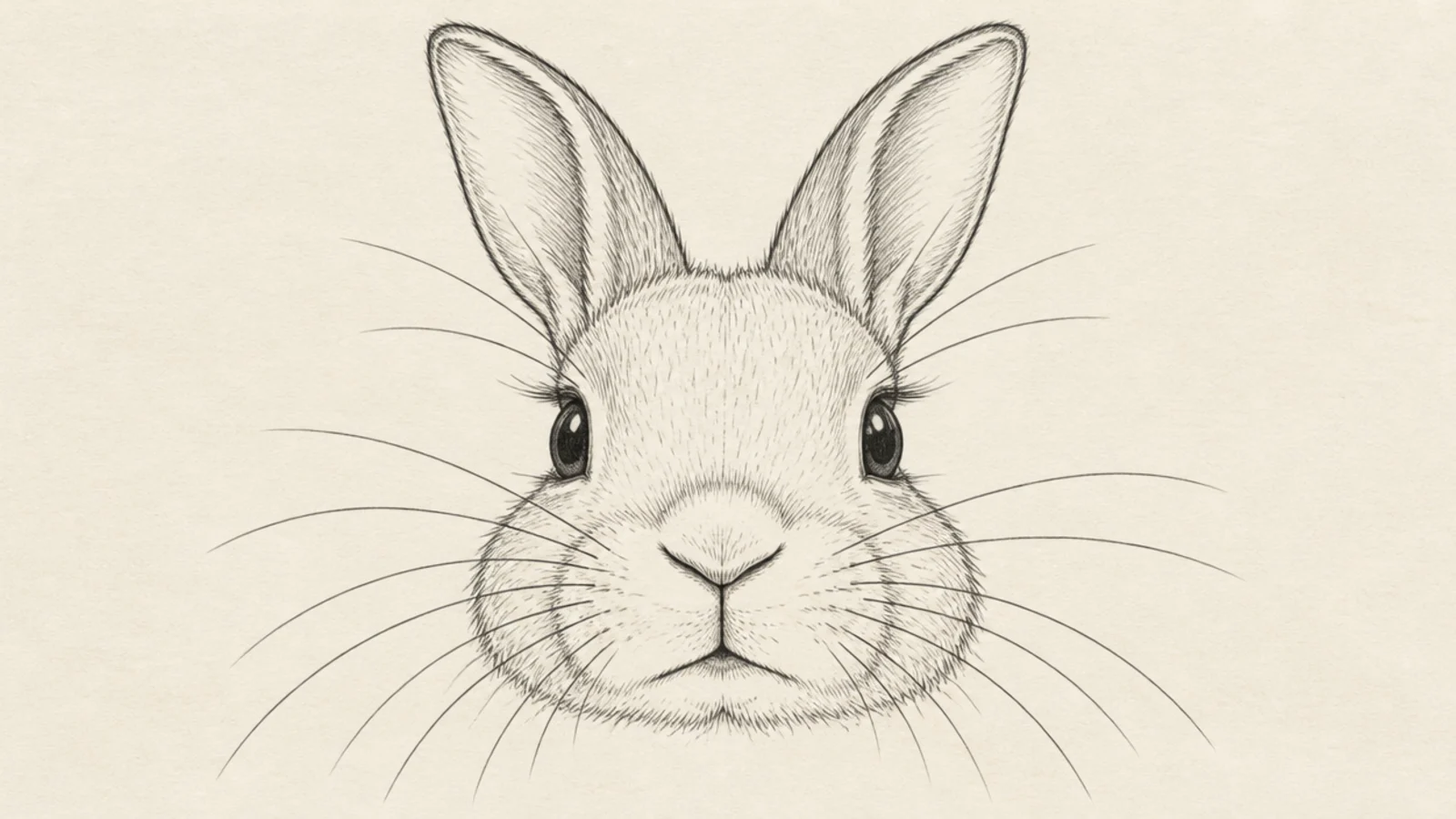 A rabbit face with long expressive whiskers