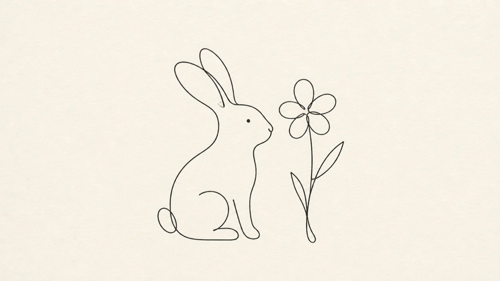 A minimalist line rabbit beside a single line flower