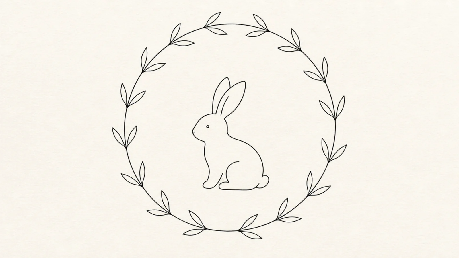 A minimalist line rabbit framed by a simple leaf wreath