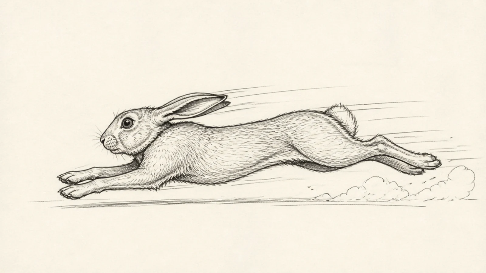 A rabbit at full gallop, body stretched long and low