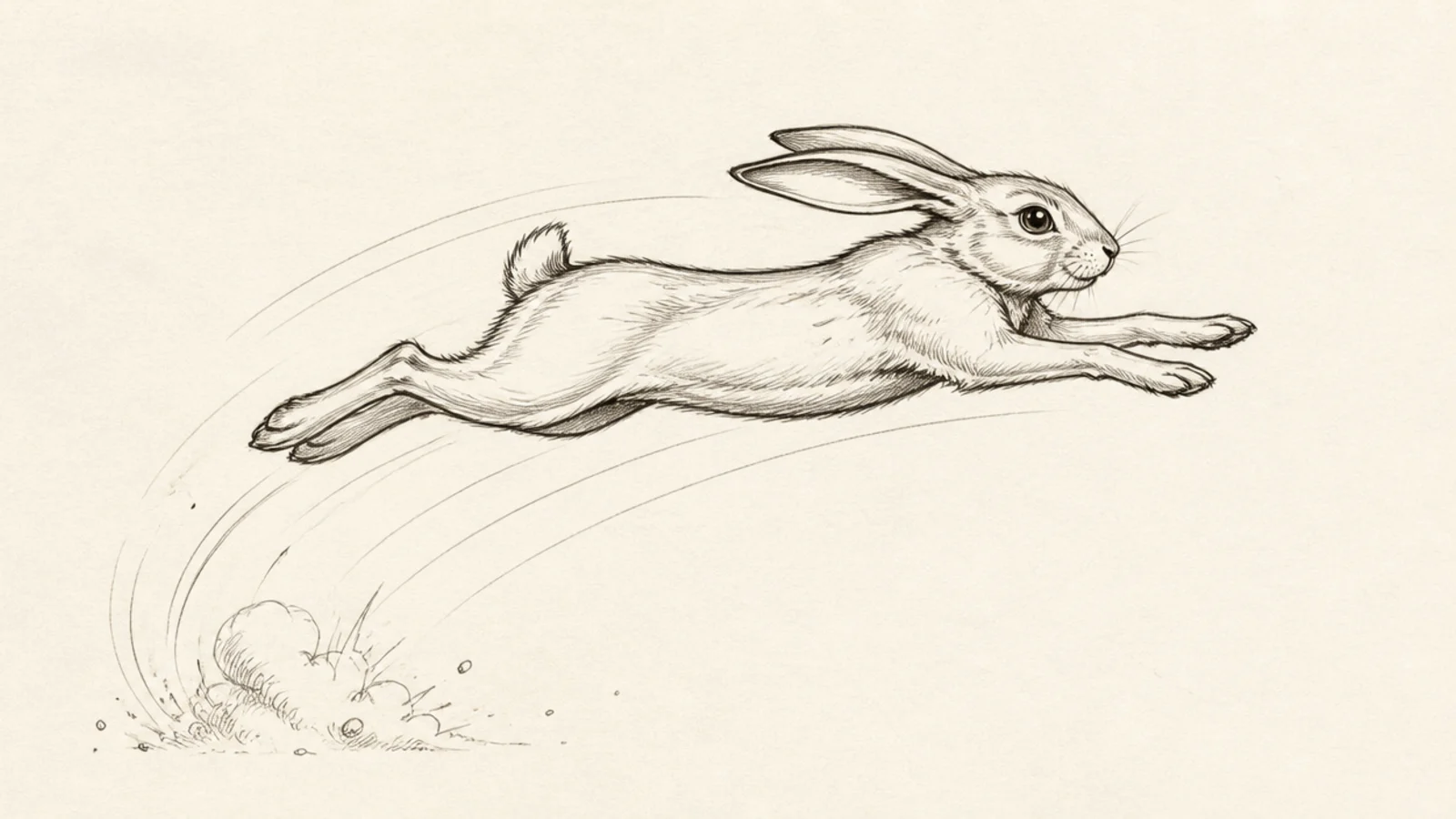 A rabbit fully airborne at the peak of a leap