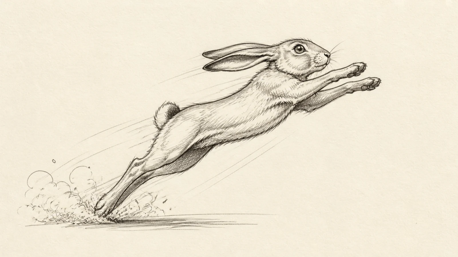 A rabbit launching upward, hind legs driving off the ground