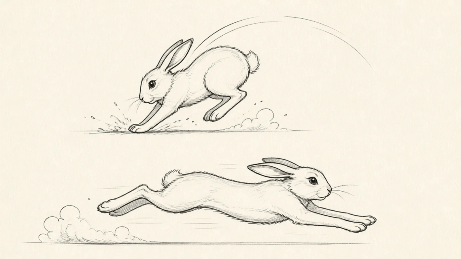 A rabbit landing, front paws reaching down to the ground