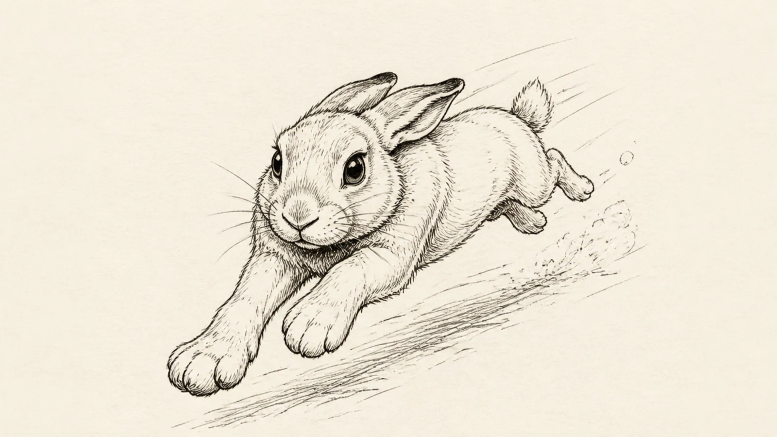 A rabbit running at a three-quarter angle toward the viewer