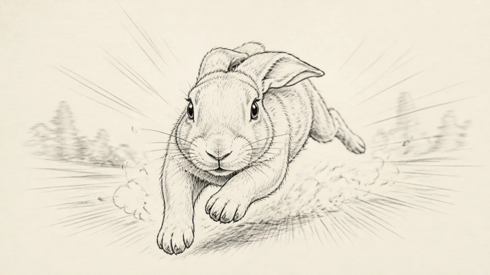 A rabbit running straight toward the viewer, foreshortened