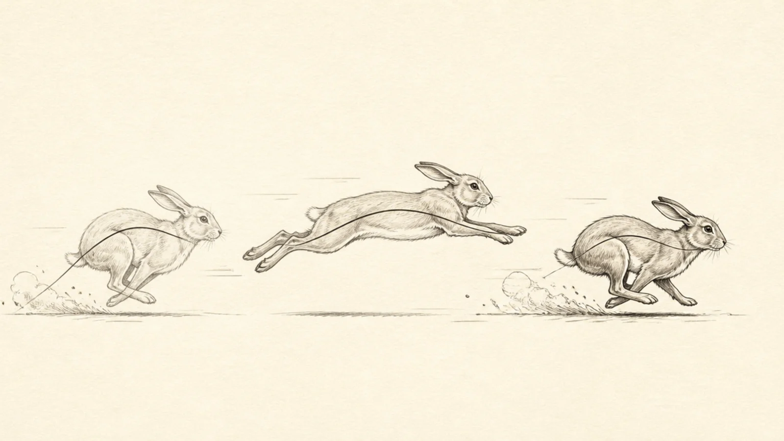 A sequence of a rabbit at three stages of one bound