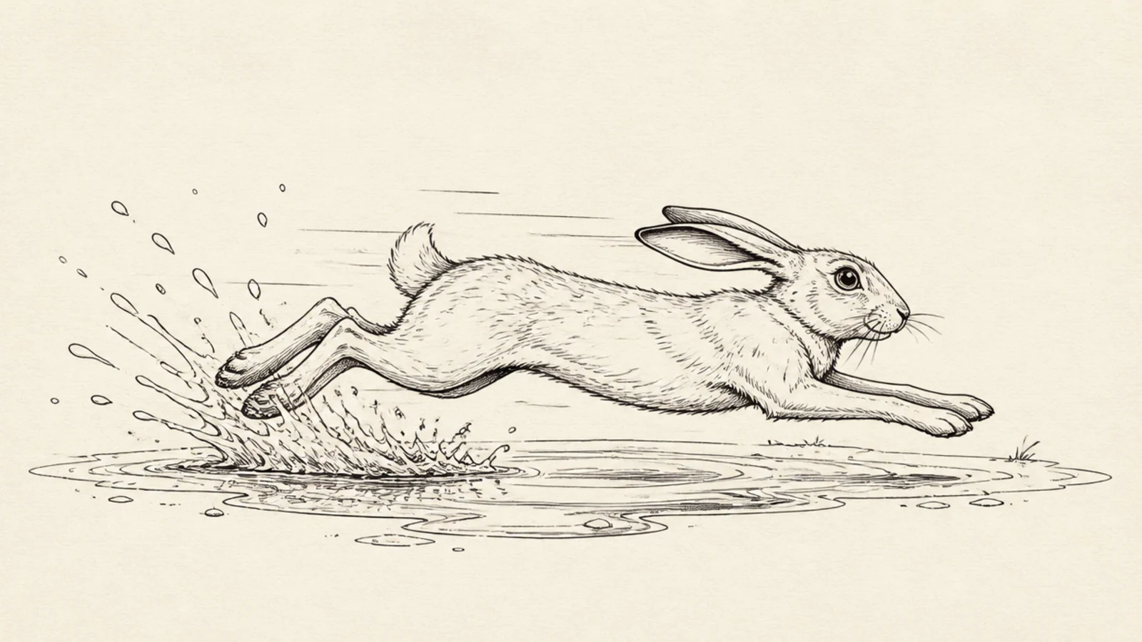 A rabbit running through a puddle, water splashing