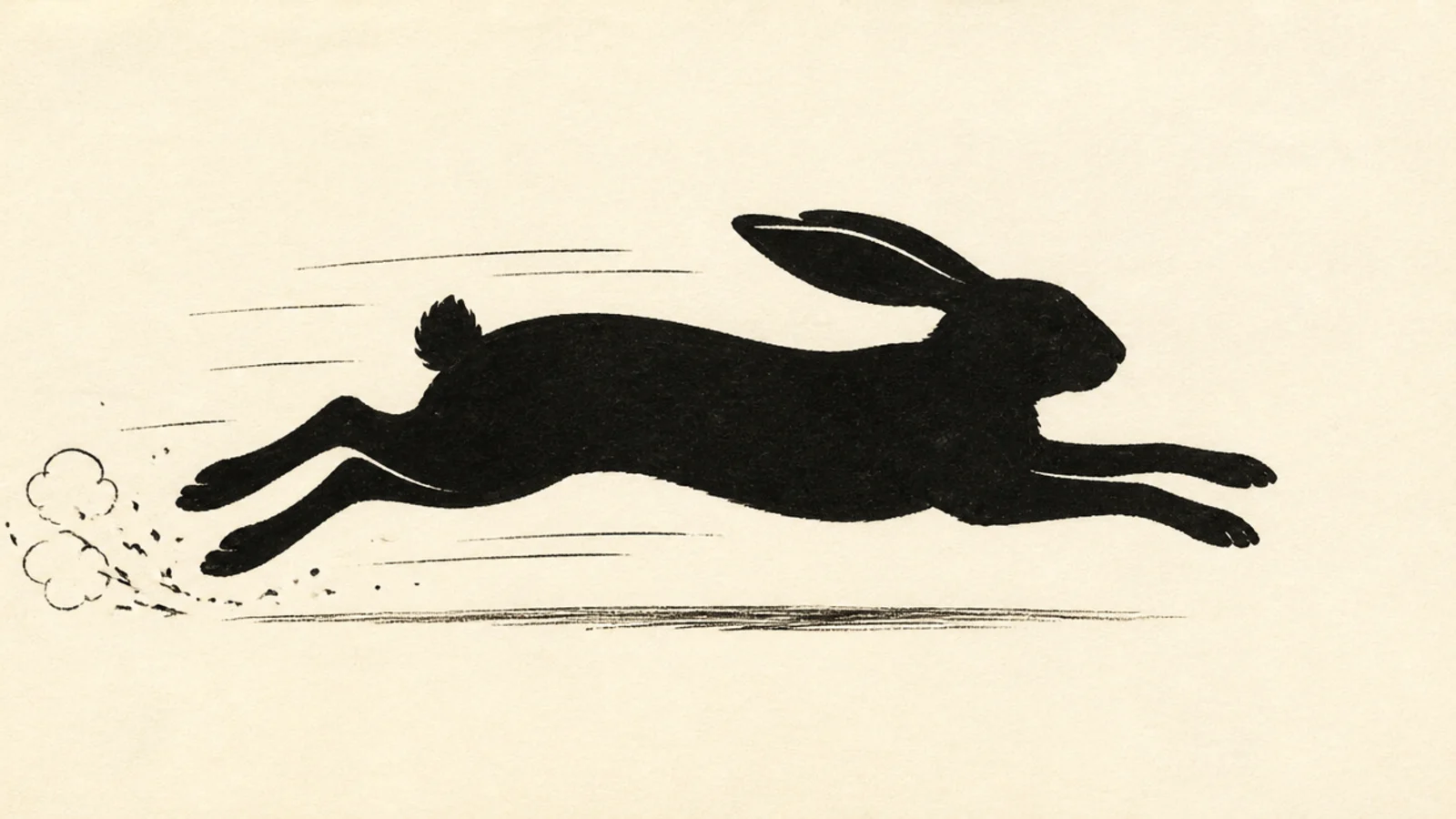 A bold silhouette of a rabbit leaping
