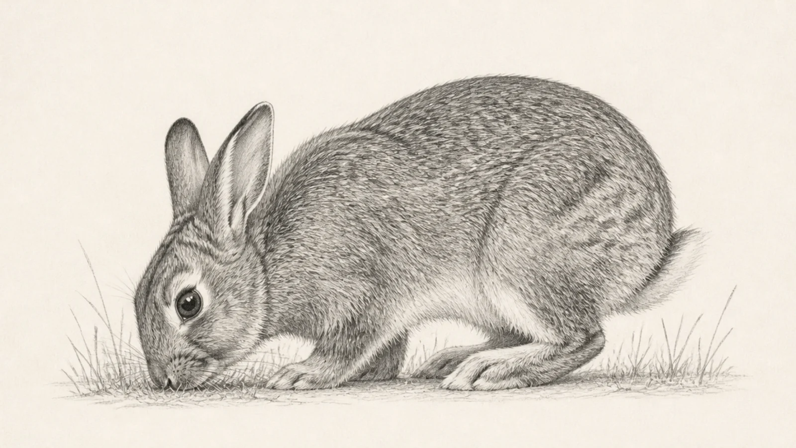 A realistic drawing of a rabbit grazing in grass