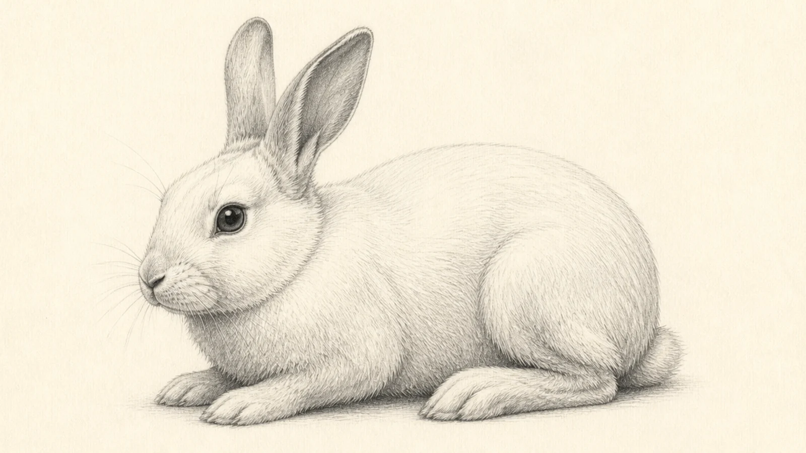A realistic drawing of a white rabbit shaded with soft greys