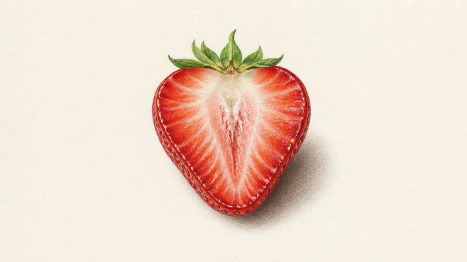 A realistic halved strawberry showing the juicy pale inside
