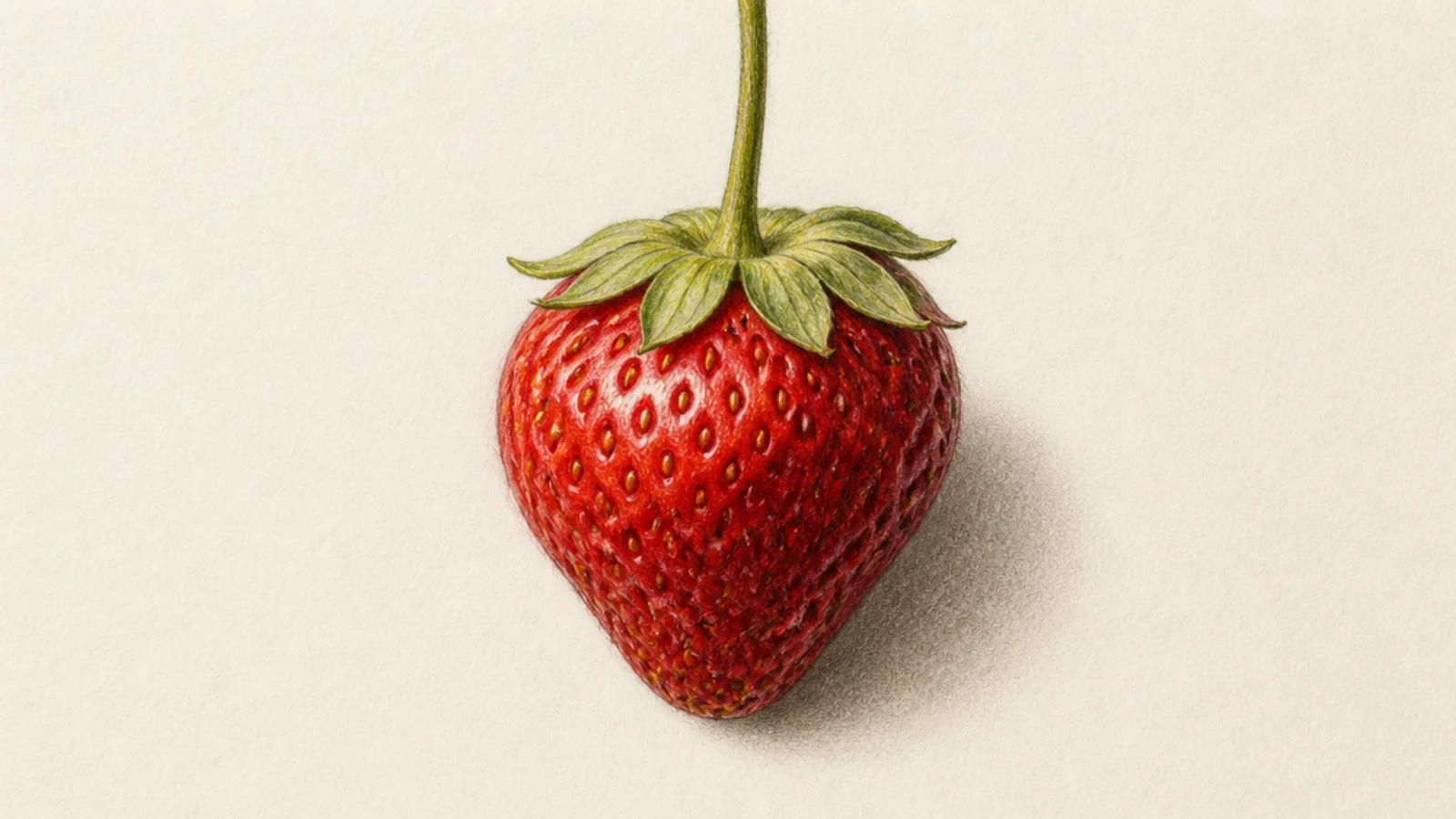 A realistic strawberry hanging on its green stem with a leaf