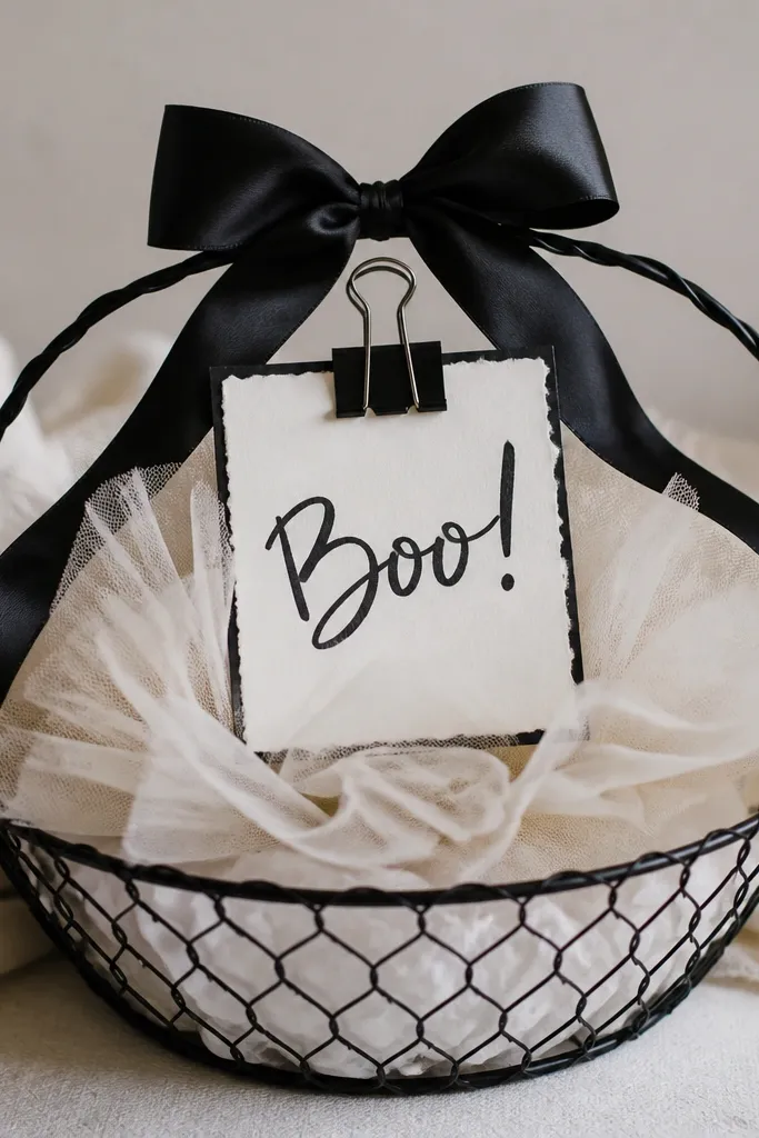 A shallow black wire basket lined with white tissue. A small "Boo!" sign sits in the center, clipped to the handle using a black binder clip. Cream tulle puffs surround the sign, and a satin bow in black ribbon sits on top.