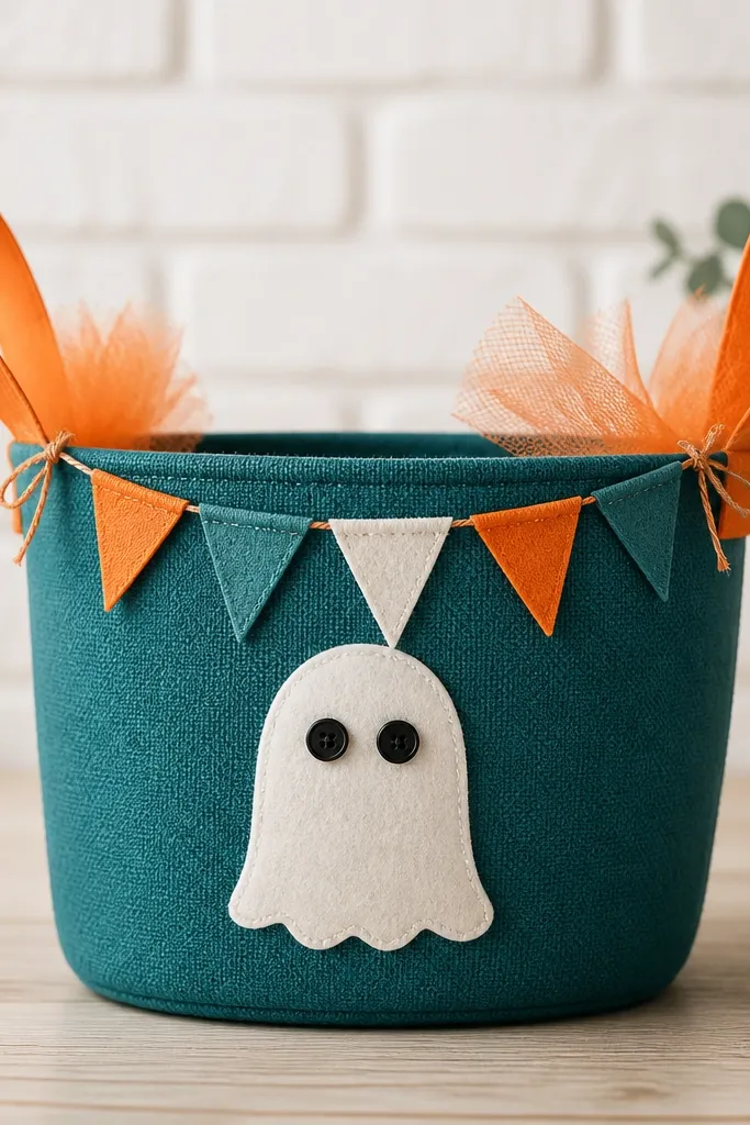 A medium fabric basket in teal with an orange ribbon handle. Across the top sits a mini bunting made from felt triangles, tied to the handles with orange twine. The center has a small felt ghost with button eyes, and orange tulle peeks out around the sides.