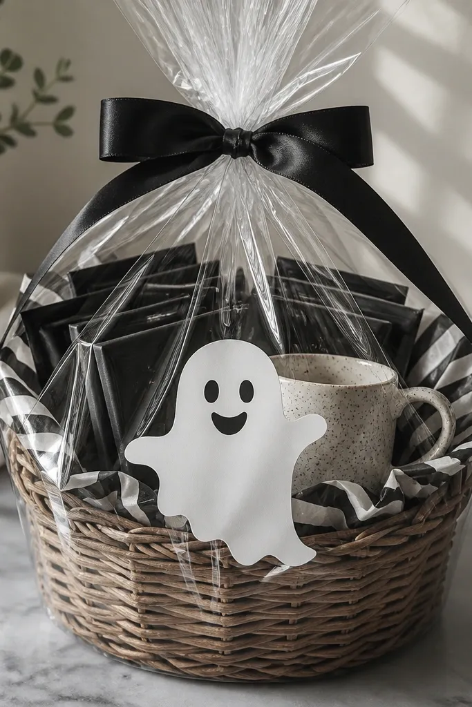 A wicker basket filled with black tea sachets and a small mug. On the front is a removable window cling shaped like a smiling ghost, stuck to a clear cellophane wrap. The basket is wrapped in black-and-white striped paper with a black ribbon bow.