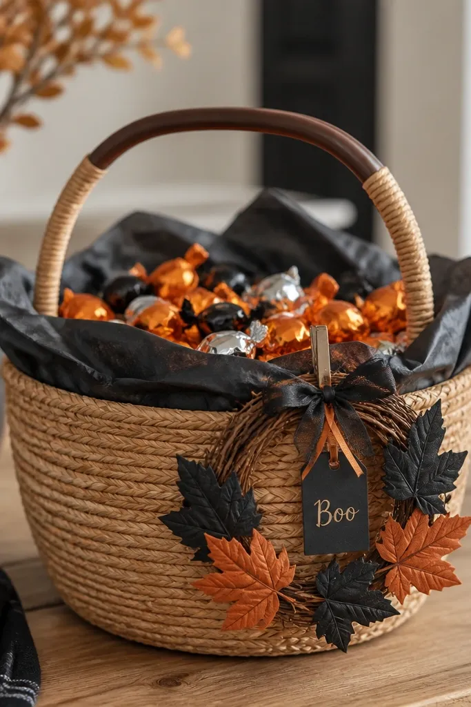 A round straw basket with a small grapevine mini wreath clipped to the front handle. The wreath has black and orange faux leaves and a tiny "Boo" tag hanging from ribbon. The basket is lined with black tissue and filled with wrapped candies.
