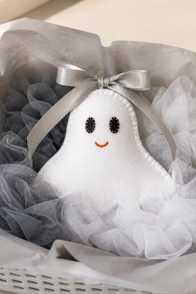 A white plastic basket lined with pale gray tissue. A felt ghost face sits in the center, with stitched eyes and a small orange mouth. Tulle "clouds" in gray and white are gathered around the ghost. A silver ribbon bow crowns the top.