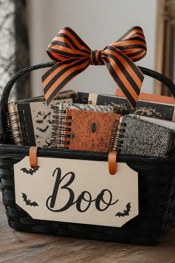 A black basket filled with mini notebooks. On the front is a large paper bookmark that reads "Boo" with small bats drawn in the corners. The bookmark is held by ribbon loops tied around the basket handle. A striped orange-and-black ribbon bow sits on top.