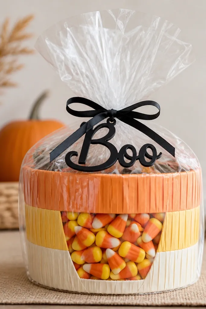 A clear cellophane-wrapped basket with candy corn visible through the front. The outside has three stacked bands of orange, yellow, and cream paper around the basket. A small black "Boo" sign sits on top tied with black ribbon.