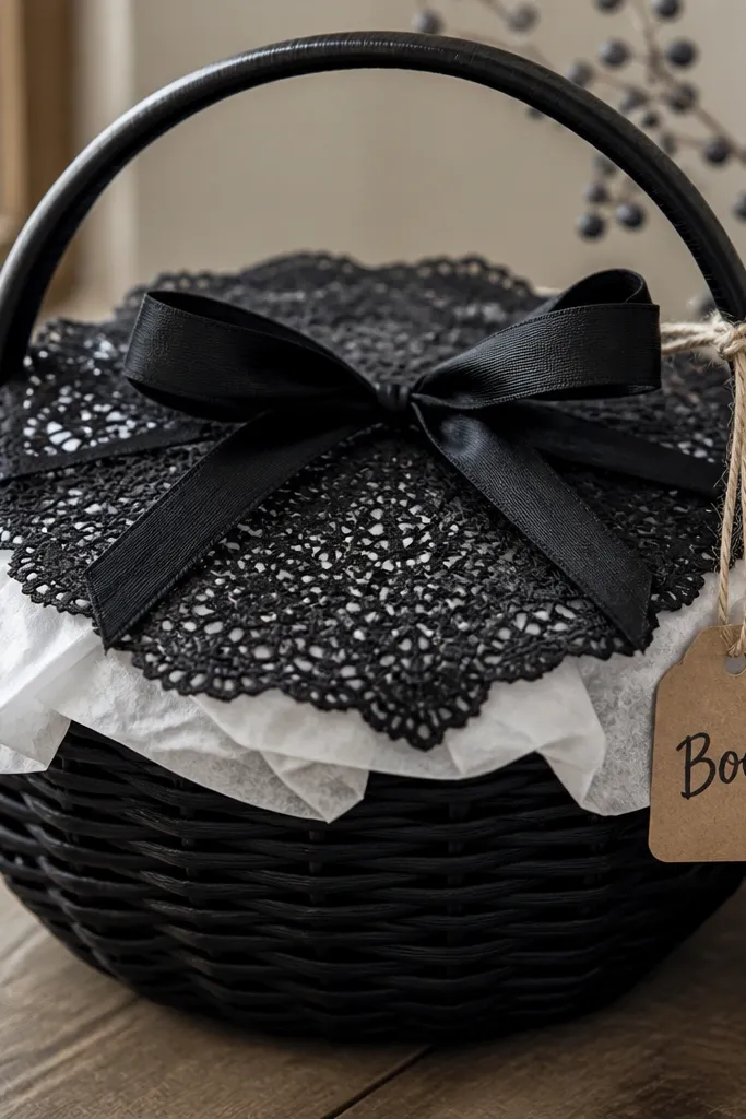 A black woven basket with a black lace doily placed on top like a plate. A small kraft paper tag reading "Boo!" hangs from jute twine tied to the basket handle. White tissue peeks around the doily, and a simple black bow finishes the top.