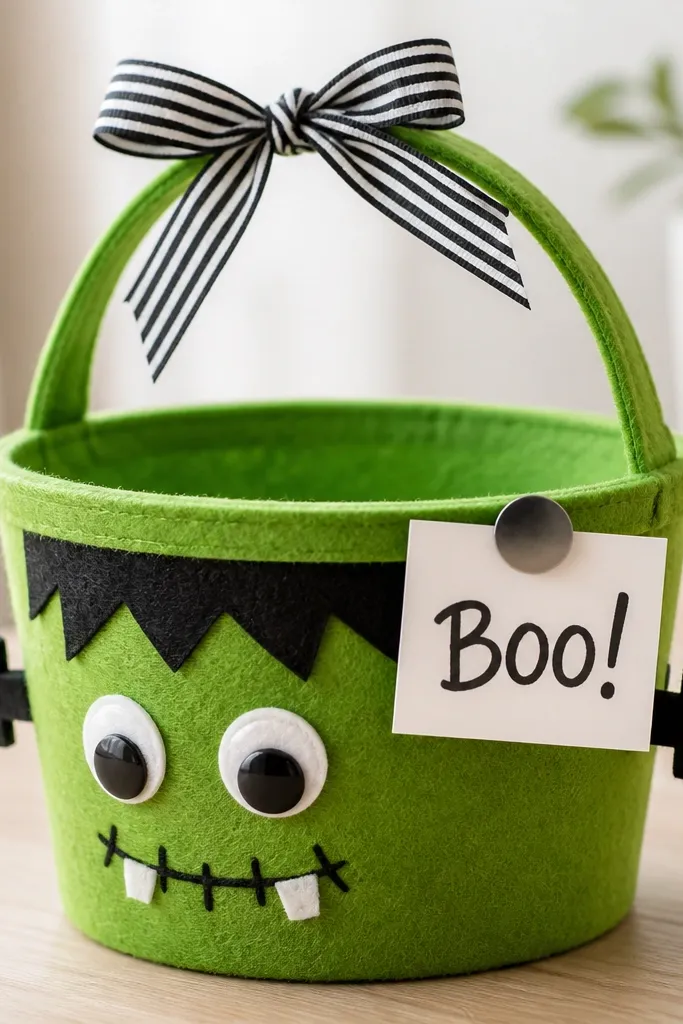 A bright green felt-lined basket. On the front sits a felt monster with big googly eyes and stitched mouth. A small "Boo!" card is attached with a strong fridge-style magnet placed against a thin metal sheet inside the basket rim. A striped ribbon bow sits on top.