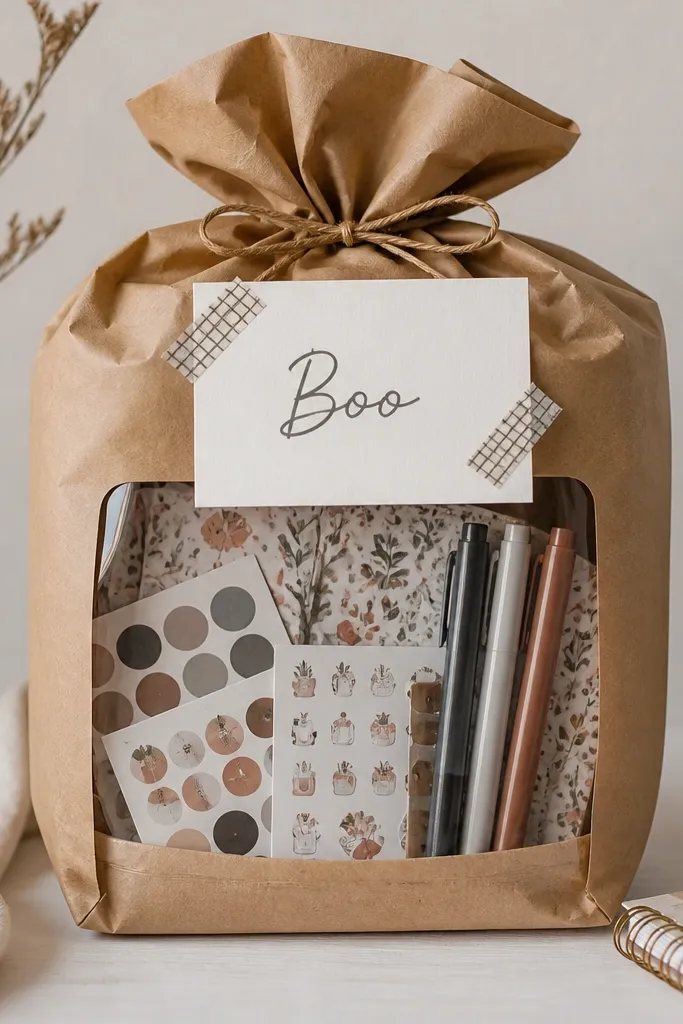 A kraft paper-wrapped basket with assorted stationery. A clear window section shows stickers and pens. "Boo" is written on a white label made from thick paper, attached with small strips of patterned washi tape on the outside.