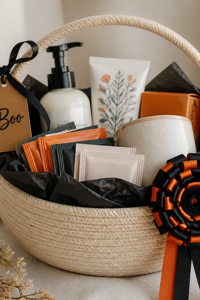 A beige basket filled with hand lotion and tea. On top is a rosette made from layered black and orange ribbon. A kraft tag reads "Boo" and hangs from a ribbon tied to the basket handle. The basket is lined with black tissue.