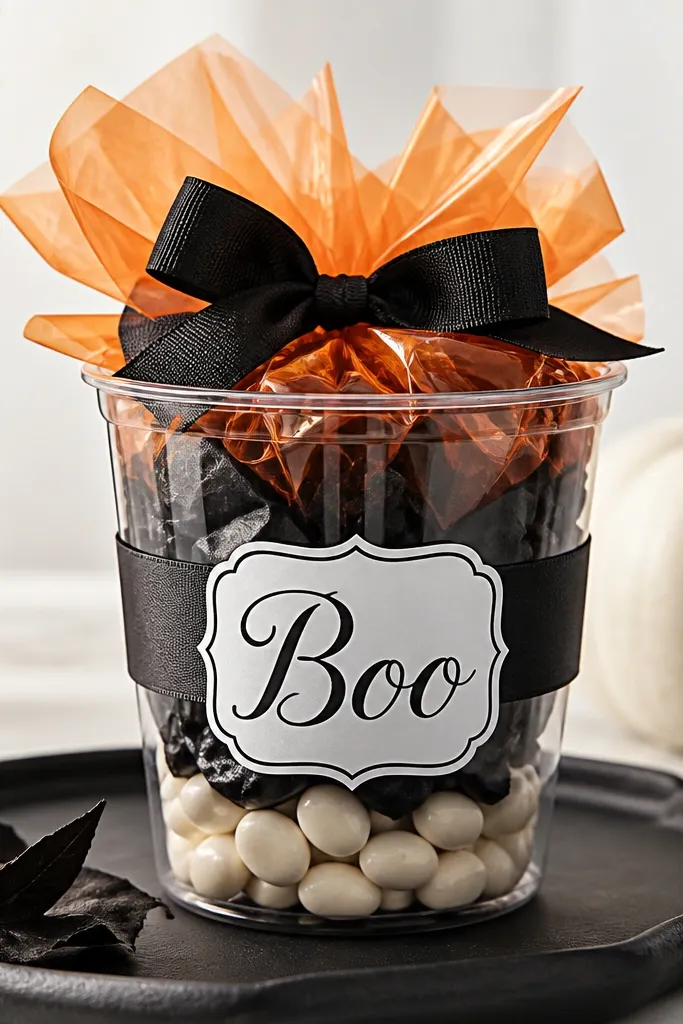 A clear plastic cup-basket on a tray. Inside are layered treat sleeves: orange cellophane, black tissue, and white candy. A "Boo" label is wrapped around the cup with a removable ribbon band. A black bow sits at the top edge.