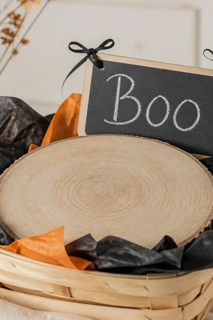 A light wood basket with a round wood slice plaque laid on top. A small mini chalkboard sign sits behind it, held by two ribbon ties. The "Boo" text is handwritten in white chalk. Black and orange tissue surrounds the plaque.