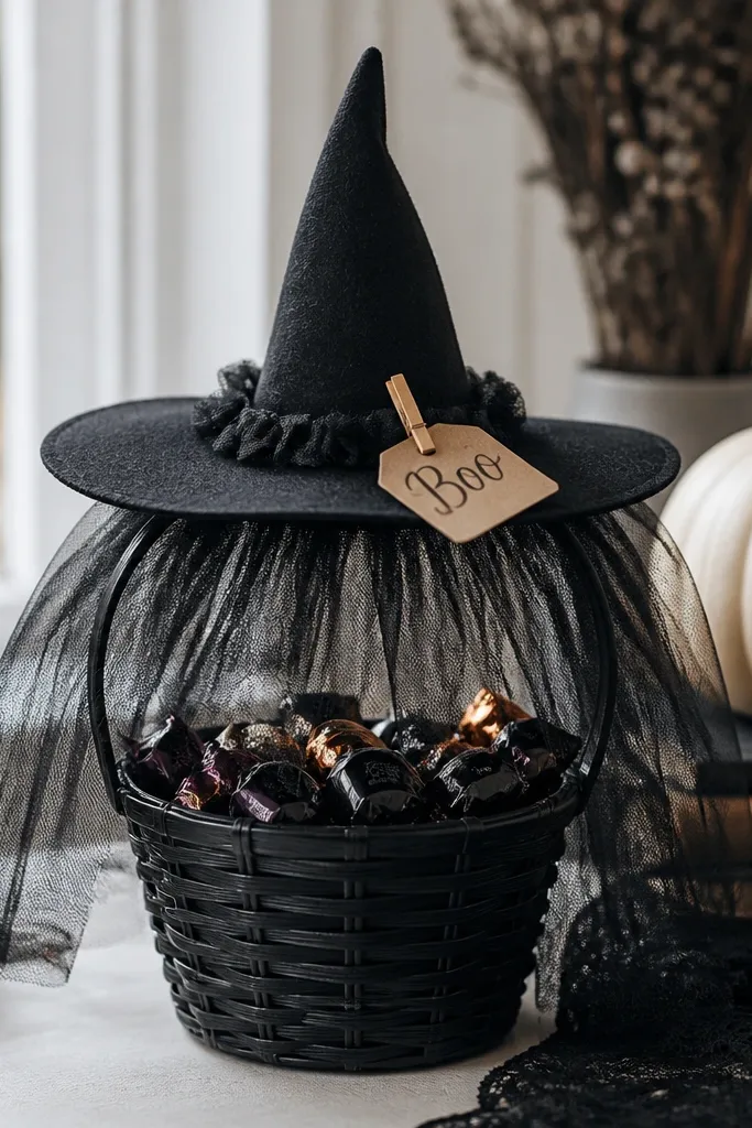 A black basket with a small witch hat centerpiece. The hat is made from felt and has a tulle skirt hanging down the sides. A tag reading "Boo" is clipped to the hat brim with a mini clothespin. The basket is filled with individually wrapped candies in dark colors.