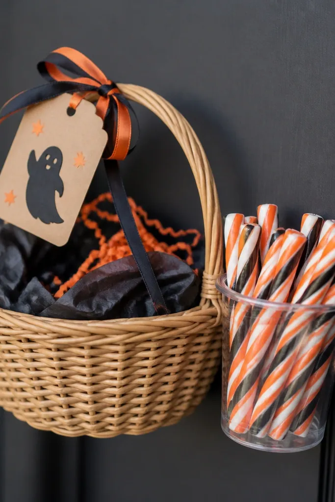 A small basket with a handle and a clear plastic cup attached to the side using a suction cup. The cup holds candy sticks. A "Boo" label is tied to the basket handle with ribbon. The basket is wrapped in black tissue with orange accents.