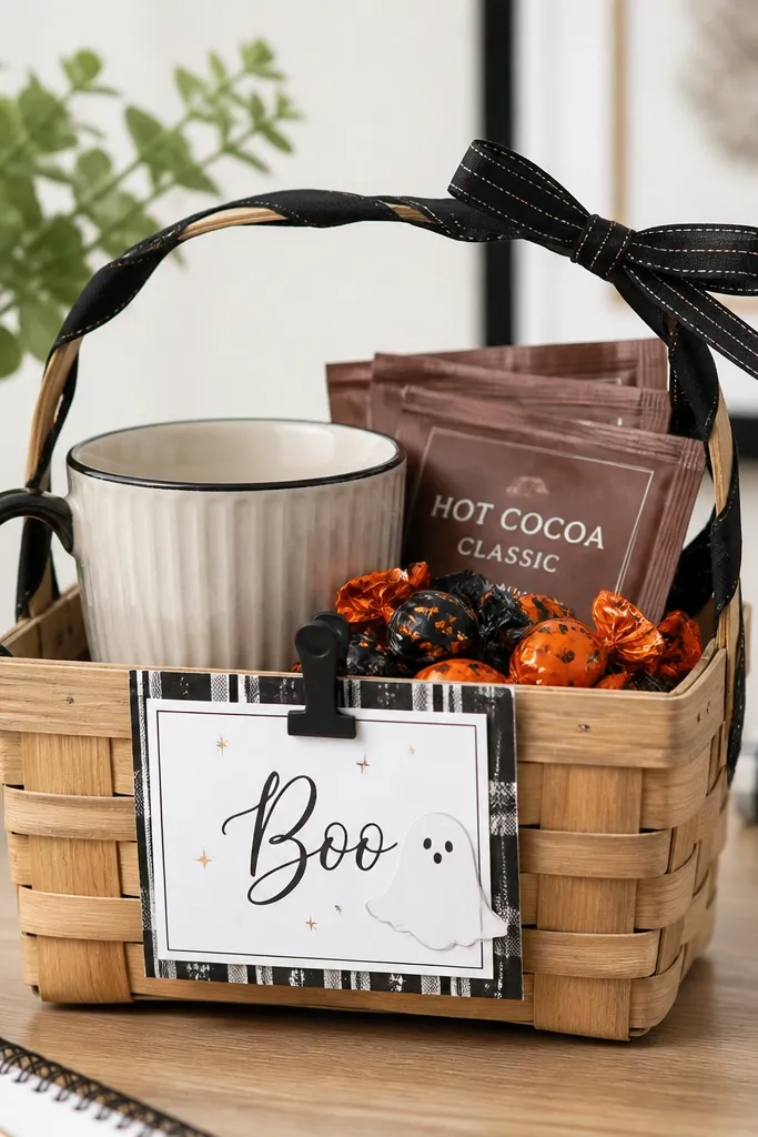 A small rectangular basket on a desk. A mini magnetic clip photo frame holds a printed "Boo" card on the front. The basket holds a mug, hot cocoa packets, and candy. A black ribbon wraps the handle and the photo frame sits centered.