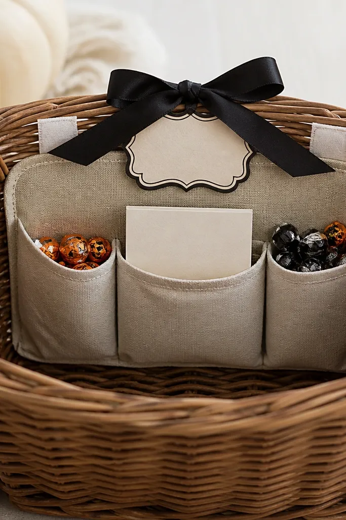 A basket with a fabric organizer pocket attached to the inside front using Velcro strips. The pockets hold small wrapped candies and a note card. A "Boo" label sits on top under a ribbon bow.