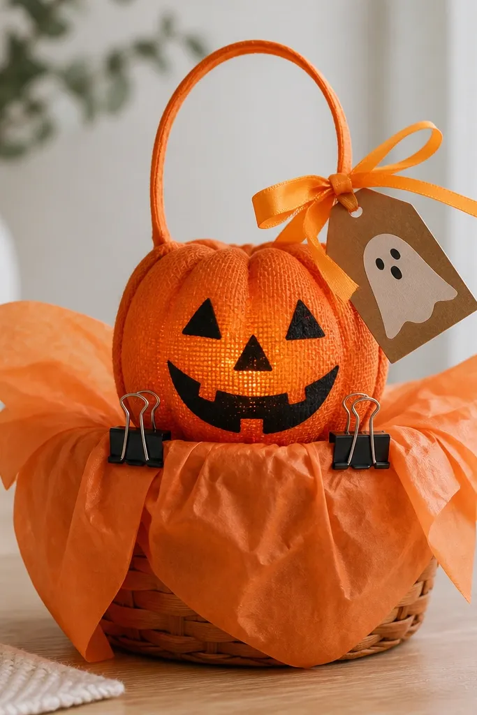 A small basket wrapped in orange tissue. On top sits a mini pumpkin lantern made from orange fabric with a handle. It's attached using two binder clips to the basket rim. A "Boo" card is tied to the lantern handle with orange ribbon.