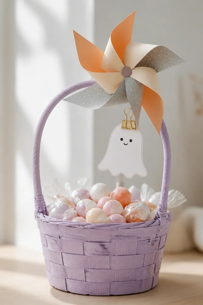 A pastel purple basket filled with pastel candies. On the top is a paper pinwheel in soft orange, cream, and gray. The pinwheel is attached with a mini binder clip to the handle. A small ghost sticker sign is placed underneath the pinwheel.