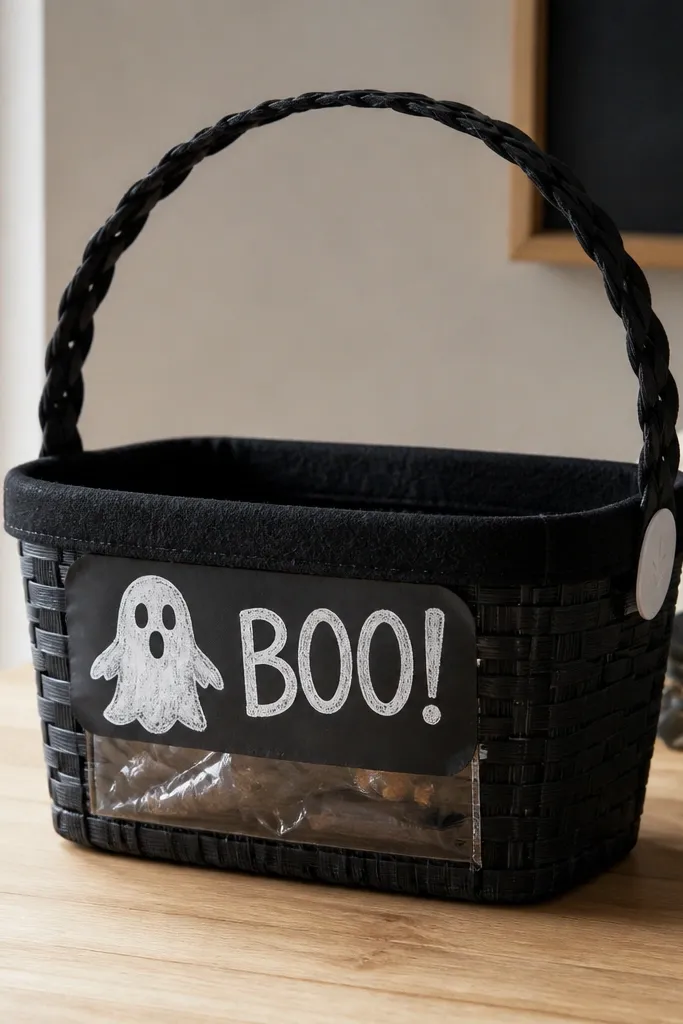 A small Halloween boo basket made from a woven plastic tray, wrapped with black felt along the rim. A chalkboard-style band (matte black vinyl) sits around the outside with a hand-drawn white ghost and the words 'BOO!' in chunky chalk lettering. Two white Command-style hook strips hold a looped handle made from braided black ribbon, and the basket has a clear cellophane window pocket for treats.