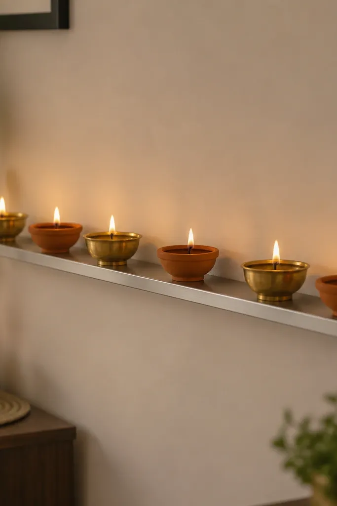 A narrow brushed-metal strip mounted on a wall with a neat row of small diyas placed on it using magnets; warm brass holders alternate with terracotta diyas, and two tiny fairy lights sit at the ends.