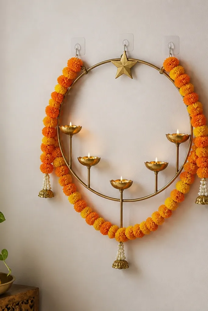 A wall with three peel-and-stick hooks holding a circular wire halo; inside the ring are five diyas in matching holders, with faux marigold strands draped around the ring and a small gold star decoration at the top.