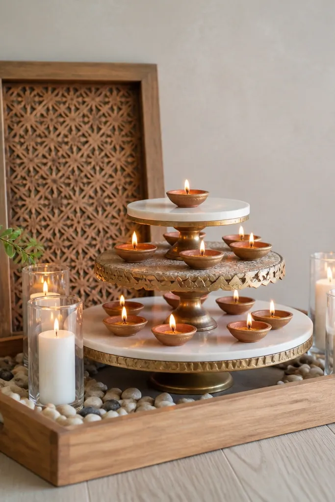 A wooden rectangle tray with a removable backing frame leaned against a wall; on the tray are layered tiers made from cake stands holding diyas, with white candles in glass sleeves and a line of tiny stones around the base.