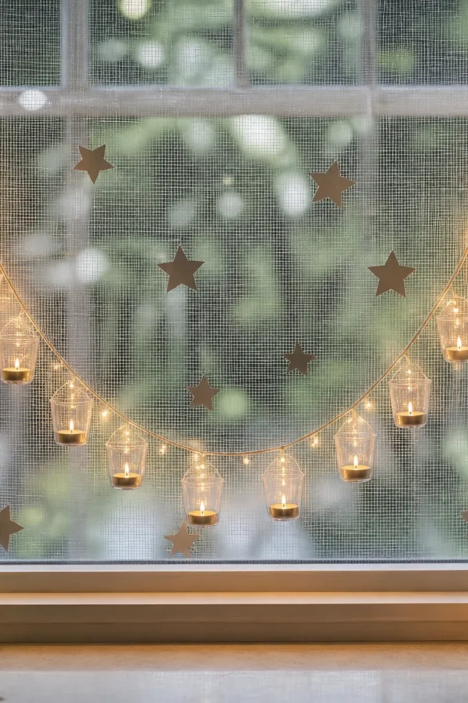 A sheer mesh net attached with removable tape across a window; several small diyas in clear cups hang in a gentle arc and are wrapped with tiny warm LED lights, with star-shaped cutouts behind them.