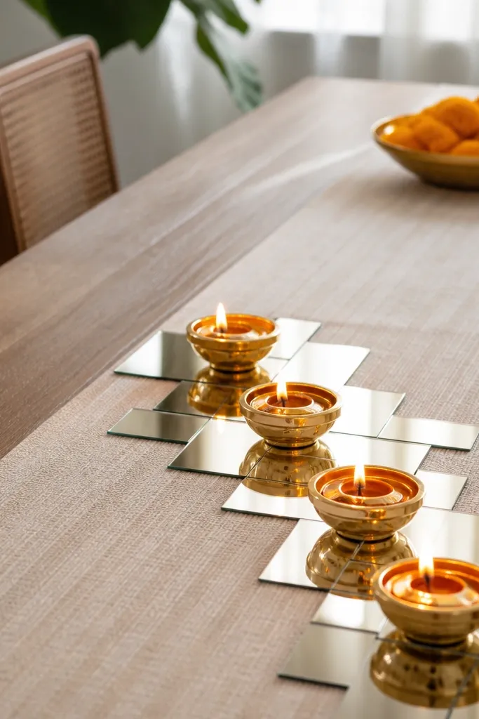 A dining table with a plain runner; adhesive-backed mirror tiles in a staggered pattern sit near the runner edge; four diyas with gold rims are placed on top, reflecting light, with a small bowl of marigolds at the far end.