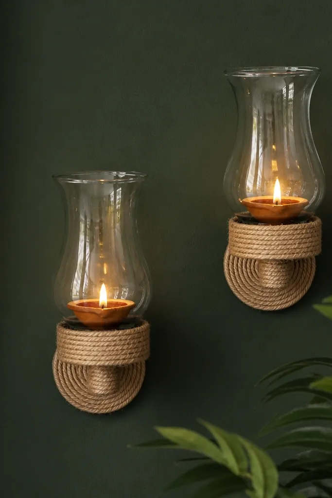 Two small wall sconce holders attached with removable adhesive strips; each holds one diya in a clear glass hurricane; the background is a dark green paint wall with a simple jute wrap around the holders.